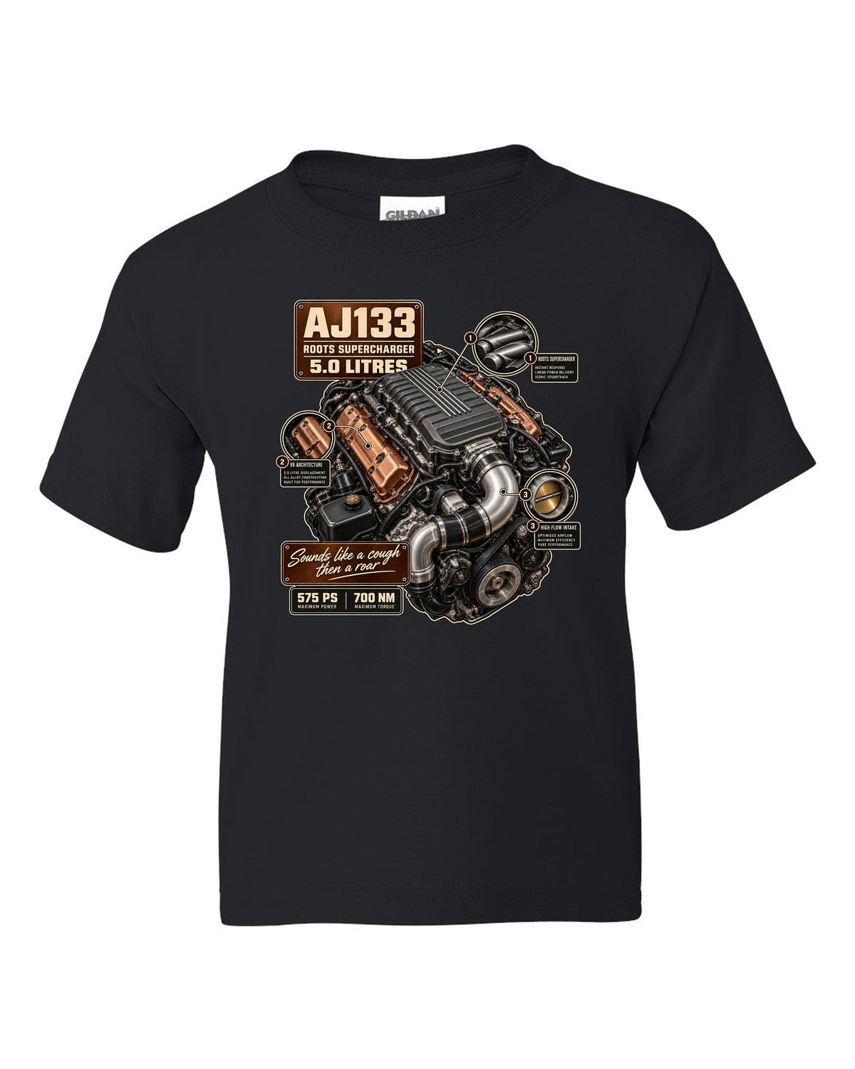 Engine hero print of the Jaguar F-Type R and SVR AJ133 supercharged 5.0 litre V8 black kids tee front view with the design