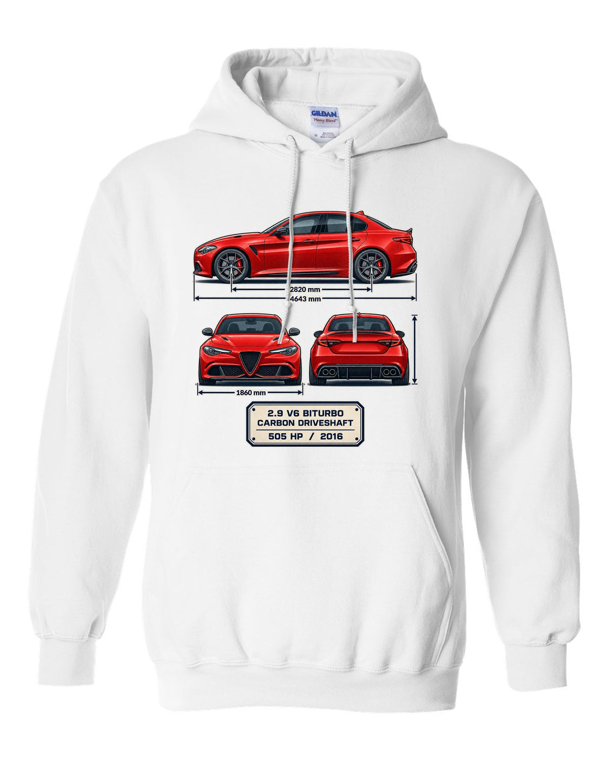 Alfa Romeo Giulia Quadrifoglio three-view spec print white pull over hoodie front view with the design