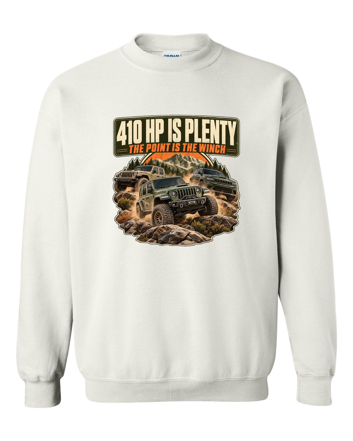 Editorial headline print for the Ram 2500 Power Wagon 6.4L V8 about horsepower and the winch white crewneck front view with the design