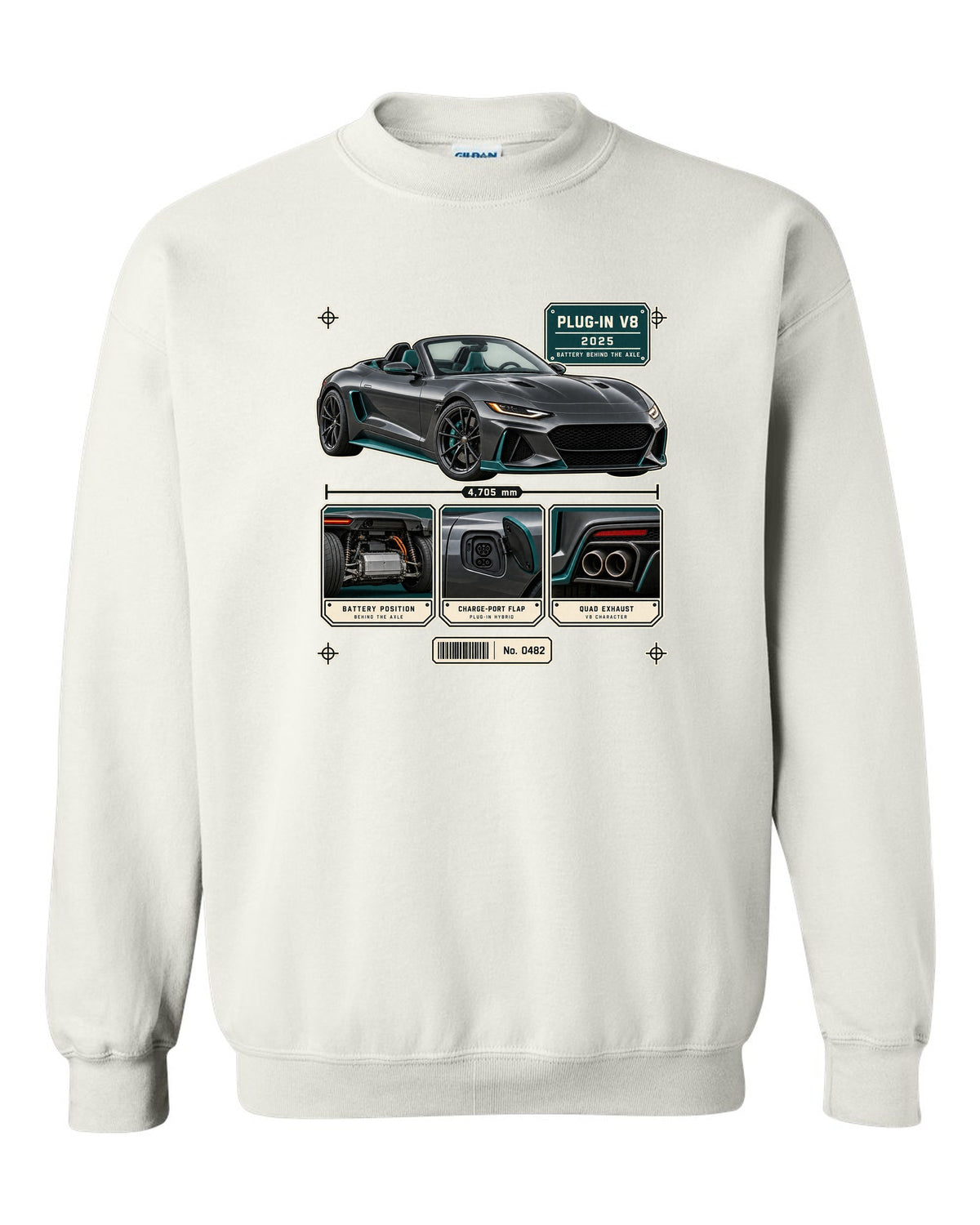 Mercedes-AMG SL63 S E Performance R232 dossier panel print in graphite and teal white crewneck front view with the design