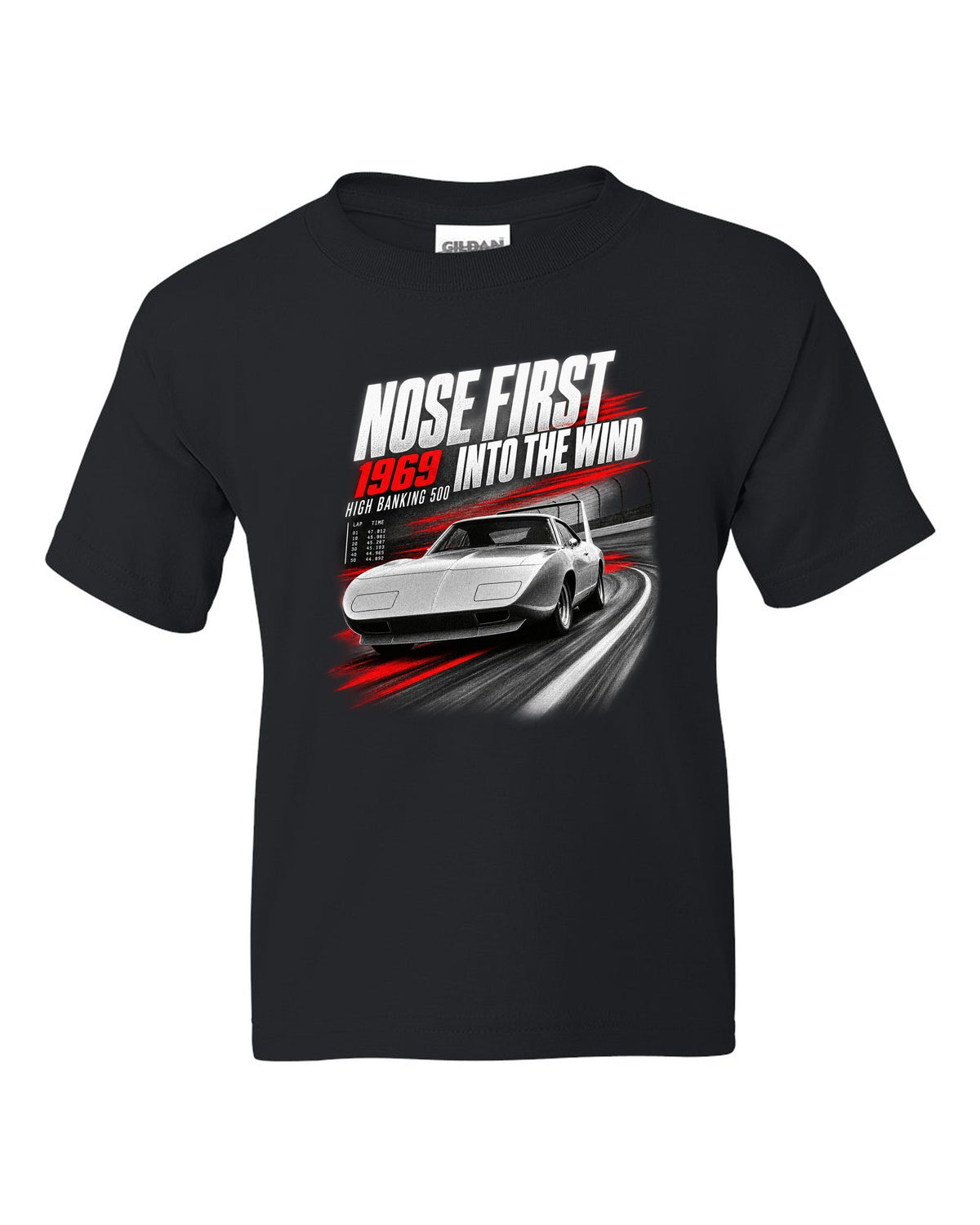 1969 Dodge Charger Daytona race poster print with nose first into the wind lettering black kids tee front view with the design