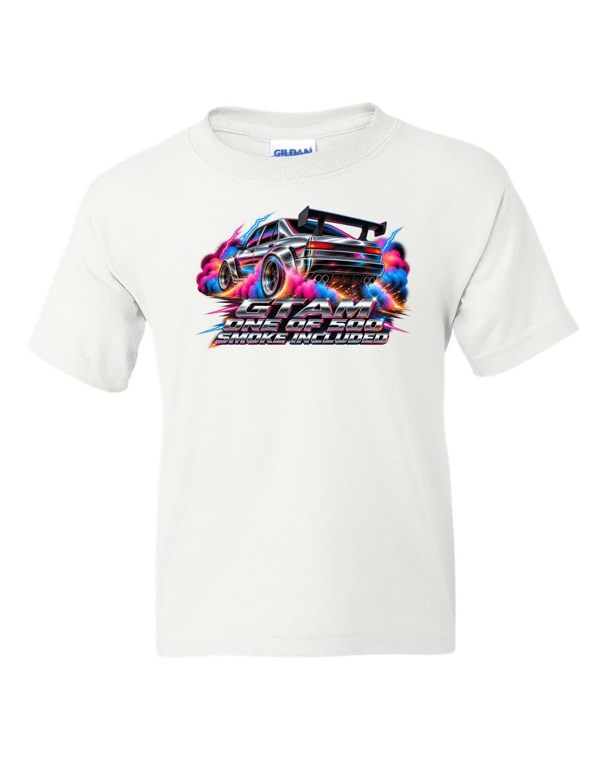 80s airbrush chrome style Alfa Romeo Giulia GTAm with one of 500 smoke included text white kids tee front view with the design