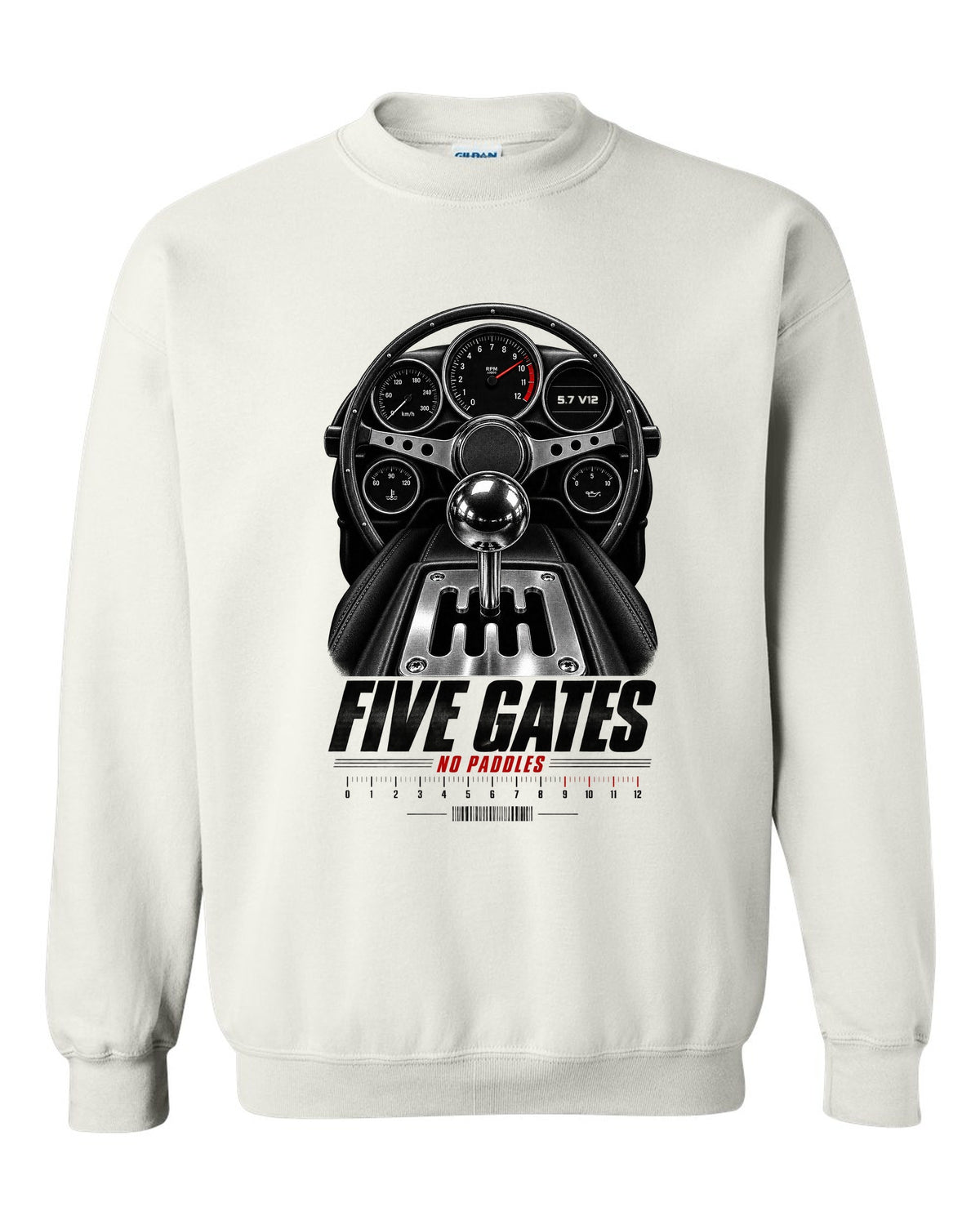print of a Lamborghini Diablo cockpit with gated five-speed shifter and 5.7 V12 text white crewneck front view with the design