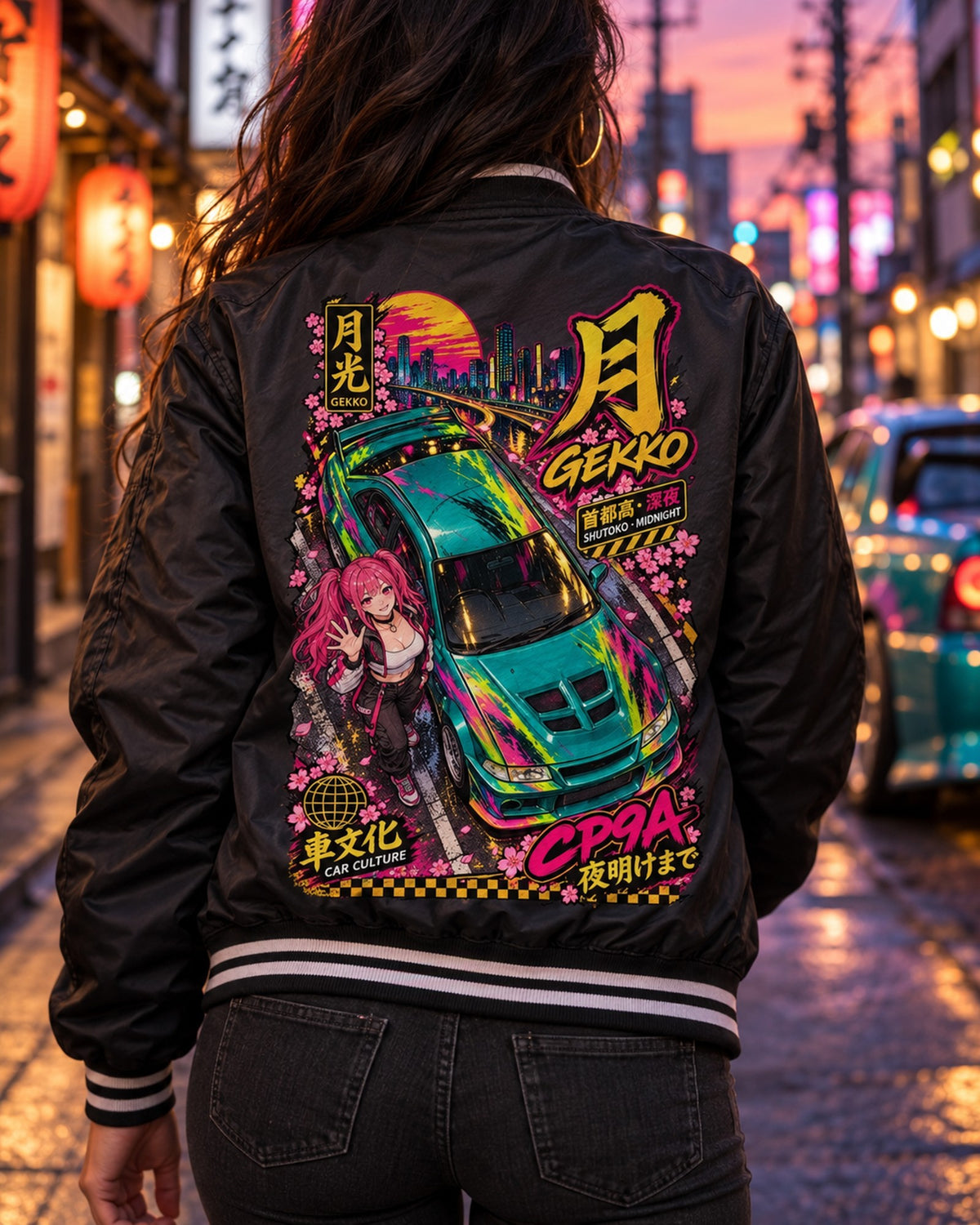 GEKKO CP9A Anime Girl Full-Back Graphic Tee Bomber Jacket Black worn hero