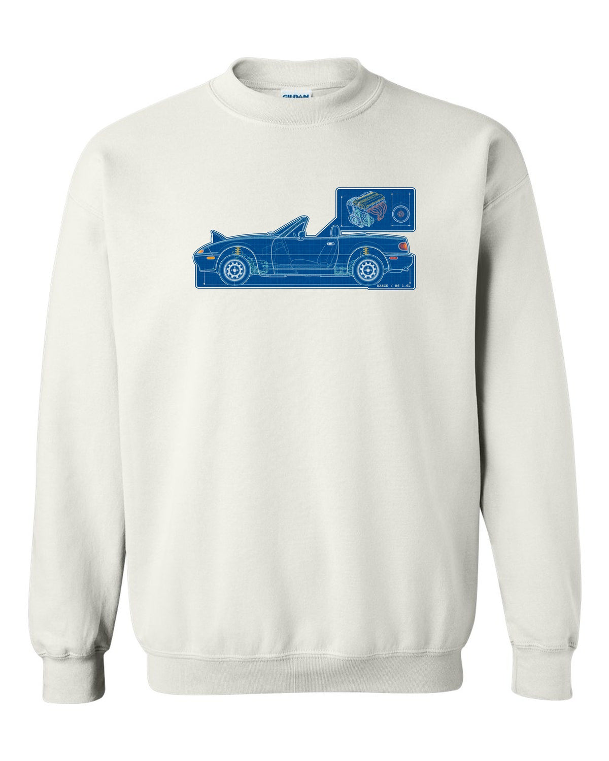 Sticker-bomb collage of a Mazda MX-5 NC rear with MZR 2.0 167 HP text white crewneck front view with the design