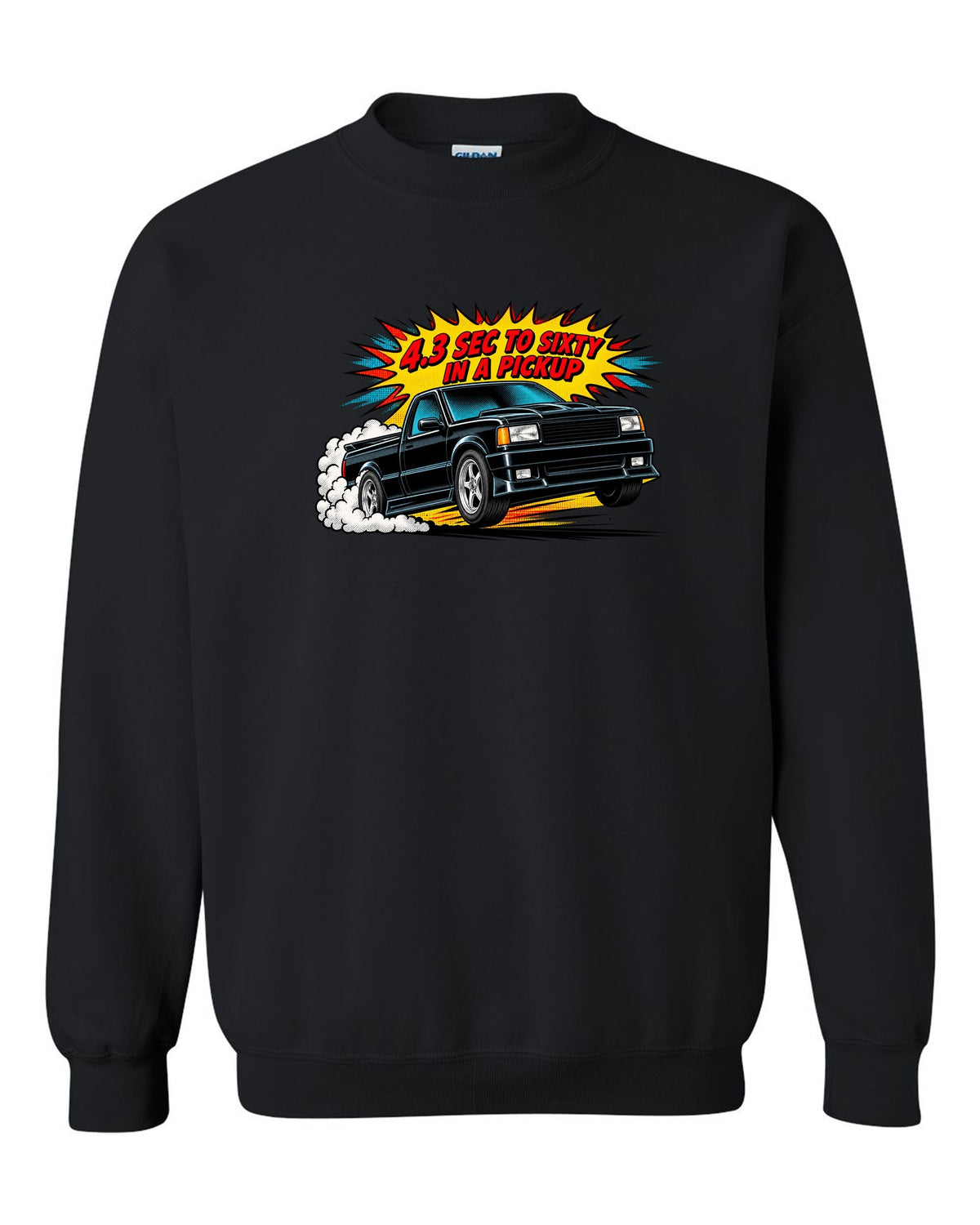 Comic halftone pop-art launch burst print of a 1991 GMC Syclone with 4.3 sec to sixty text black crewneck front view with the design