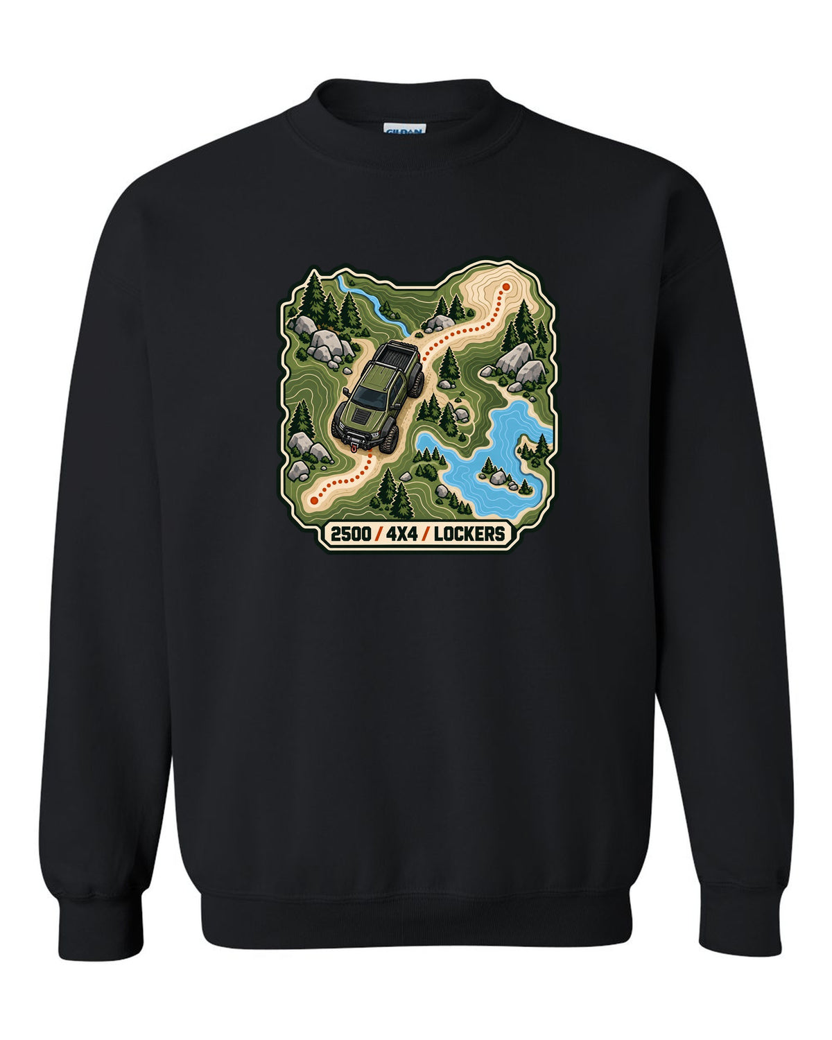 Topographic route map line art print of a Ram Power Wagon 2500 with 4x4 lockers text black crewneck front view with the design