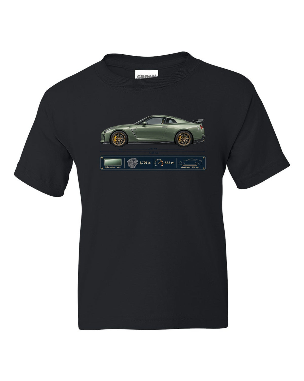 Nissan GT-R R35 T-spec Millennium Jade blueprint print black kids tee front view with the design