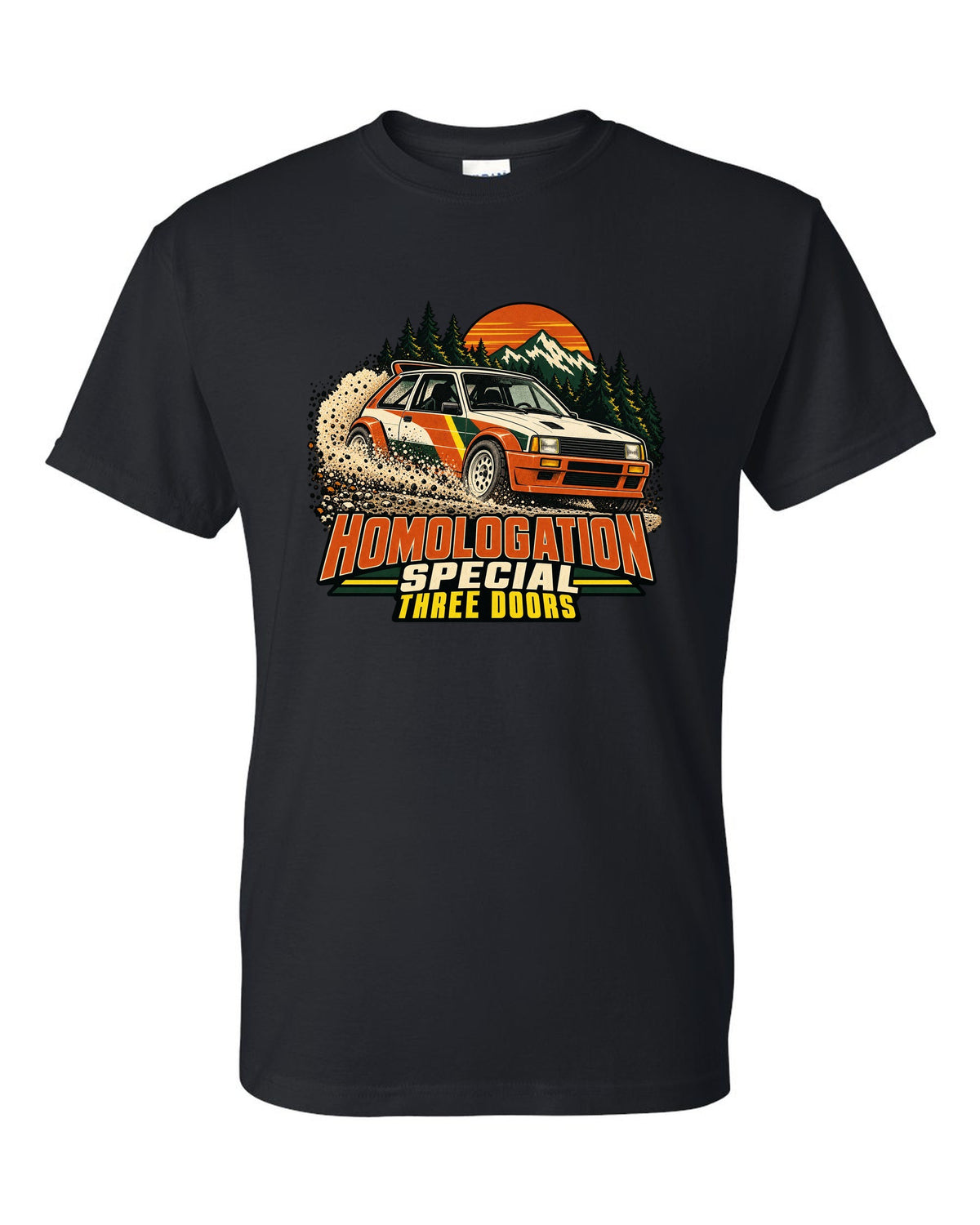 Vintage rally poster of a Toyota GR Yaris sliding on gravel with homologation text black t-shirt front view with the design
