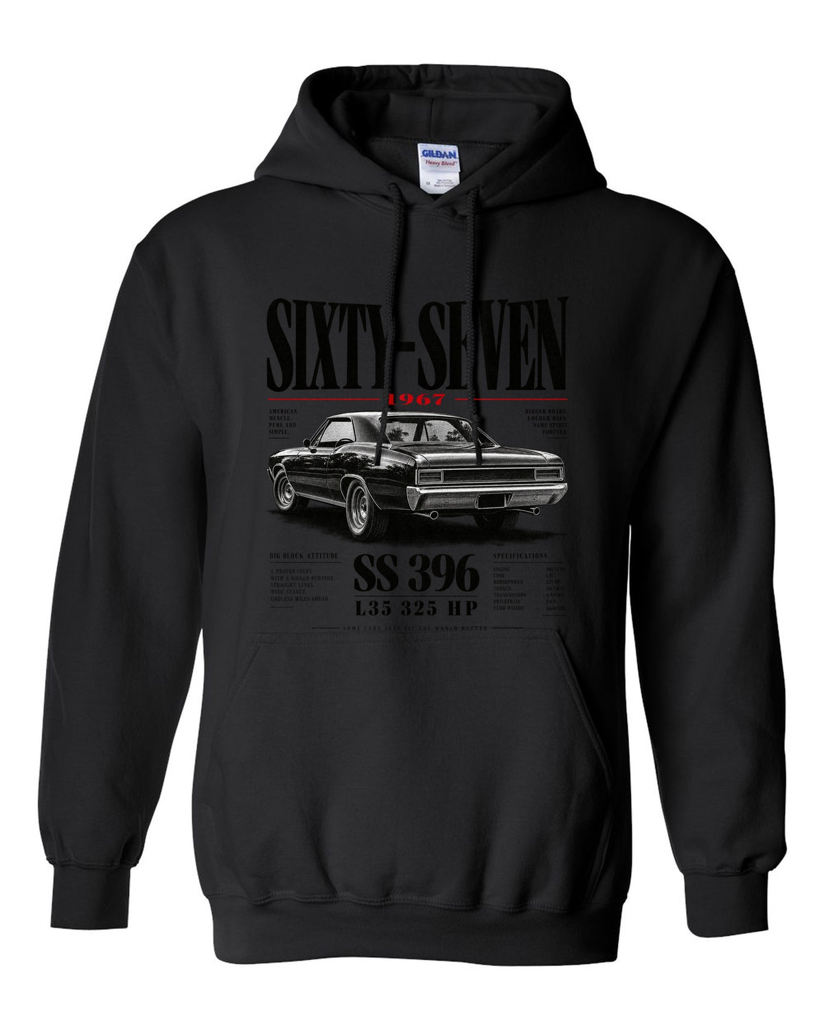 1967 Chevelle SS 396 rear three-quarter editorial headline print black pull over hoodie front view with the design