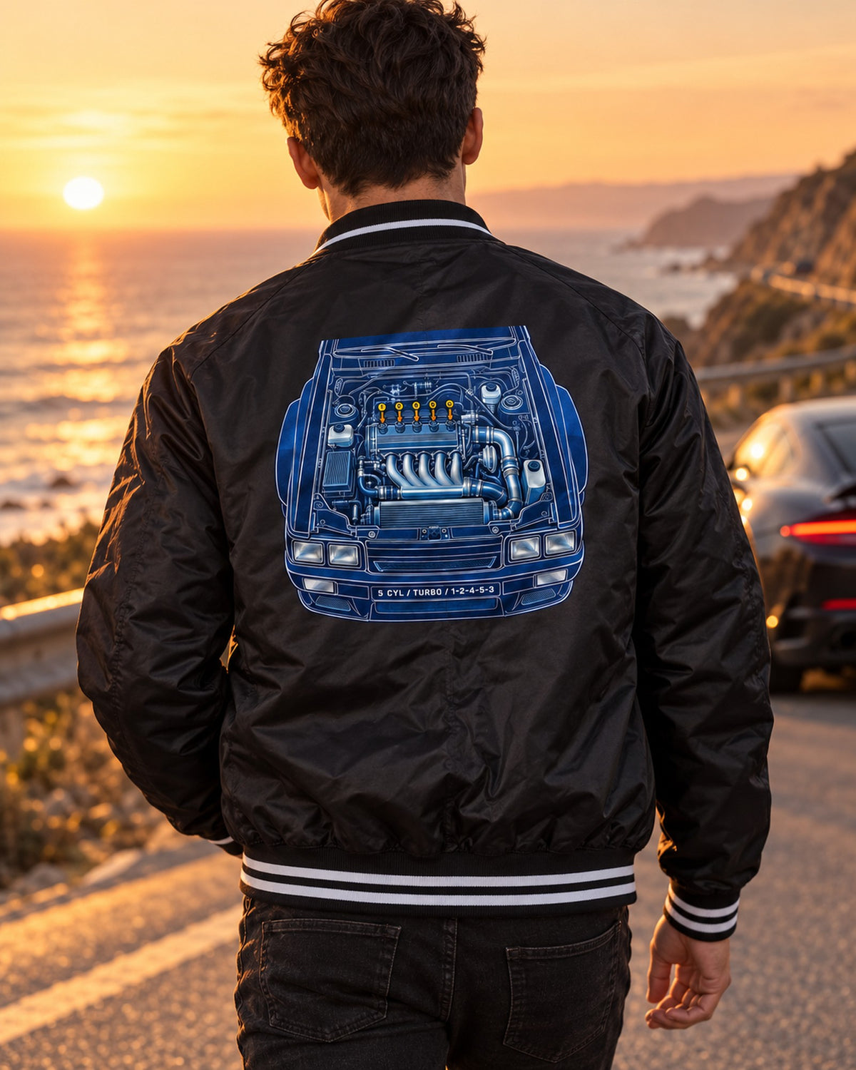 Audi Ur-Quattro Type 85 Cyanotype Blueprint Shirt, 1-2-4-5-3 Bomber Jacket Black worn hero