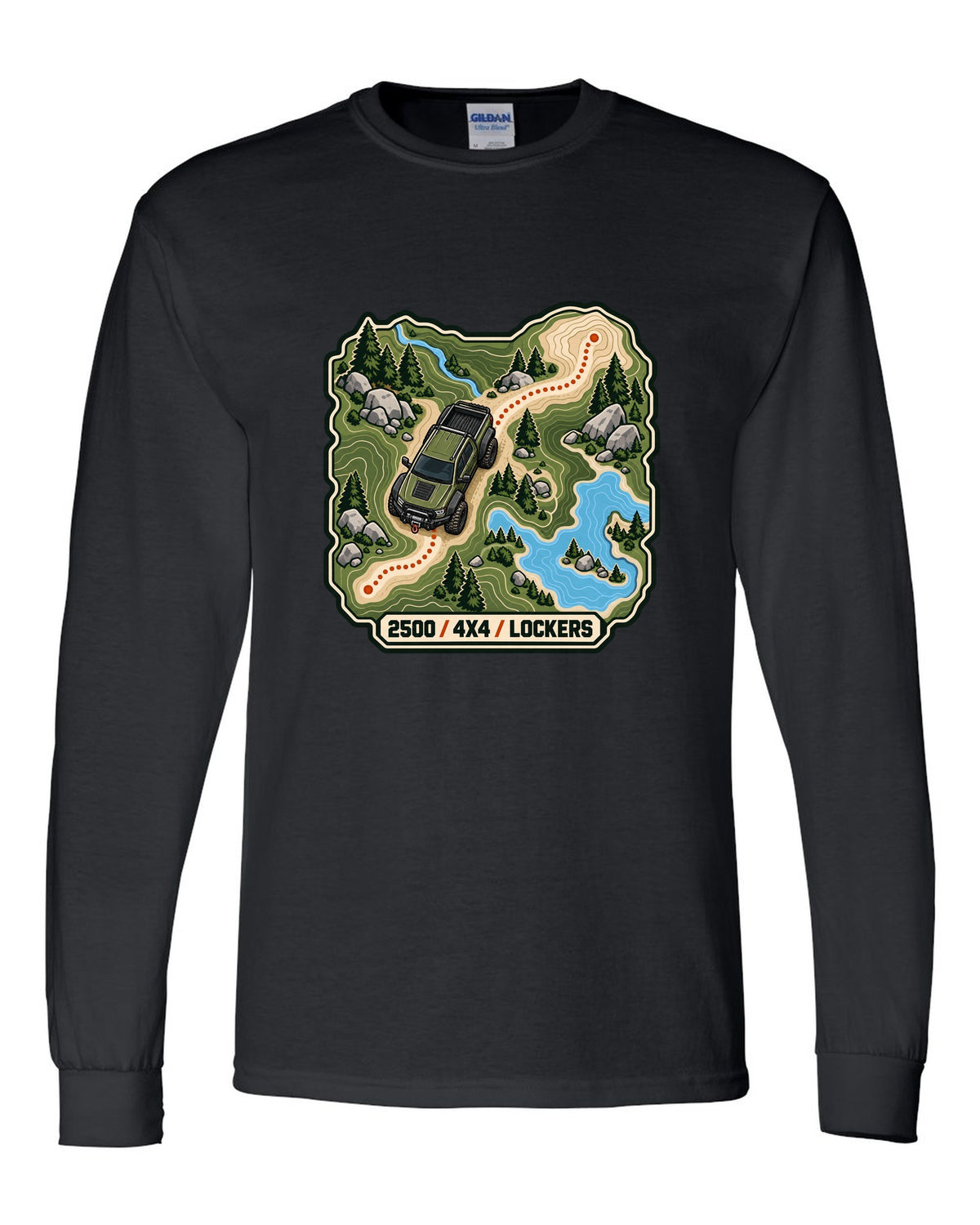 Topographic route map line art print of a Ram Power Wagon 2500 with 4x4 lockers text black long sleeve front view with the design
