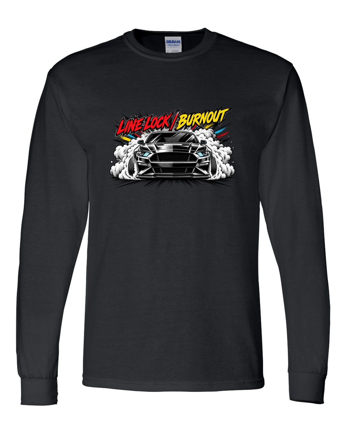 Varsity embroidery-style crest of an S550 Mustang fastback reading Yes, It's A Four black long sleeve front view with the design