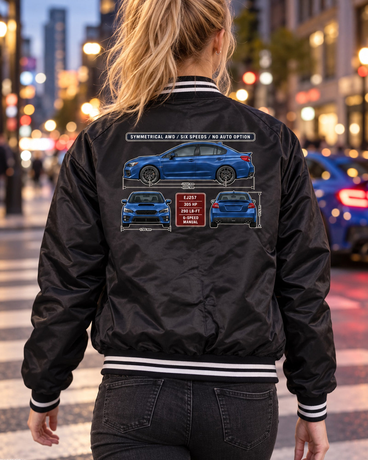 Subaru WRX STI VA Three-View Spec Table Tee, Manual Only Bomber Jacket Black worn hero
