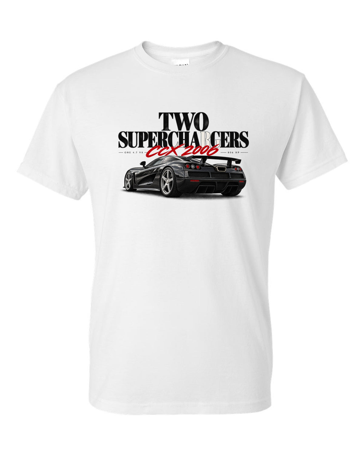 Koenigsegg CCX 2006 editorial headline with two superchargers white t-shirt front view with the design