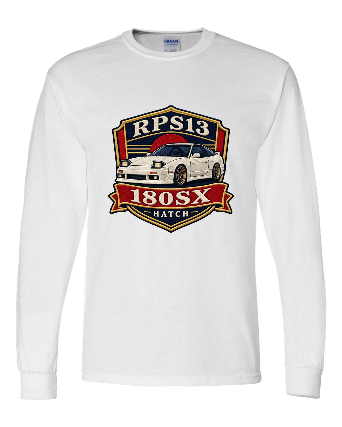 Shield crest print for the Nissan 180SX RPS13 chback white long sleeve front view with the design