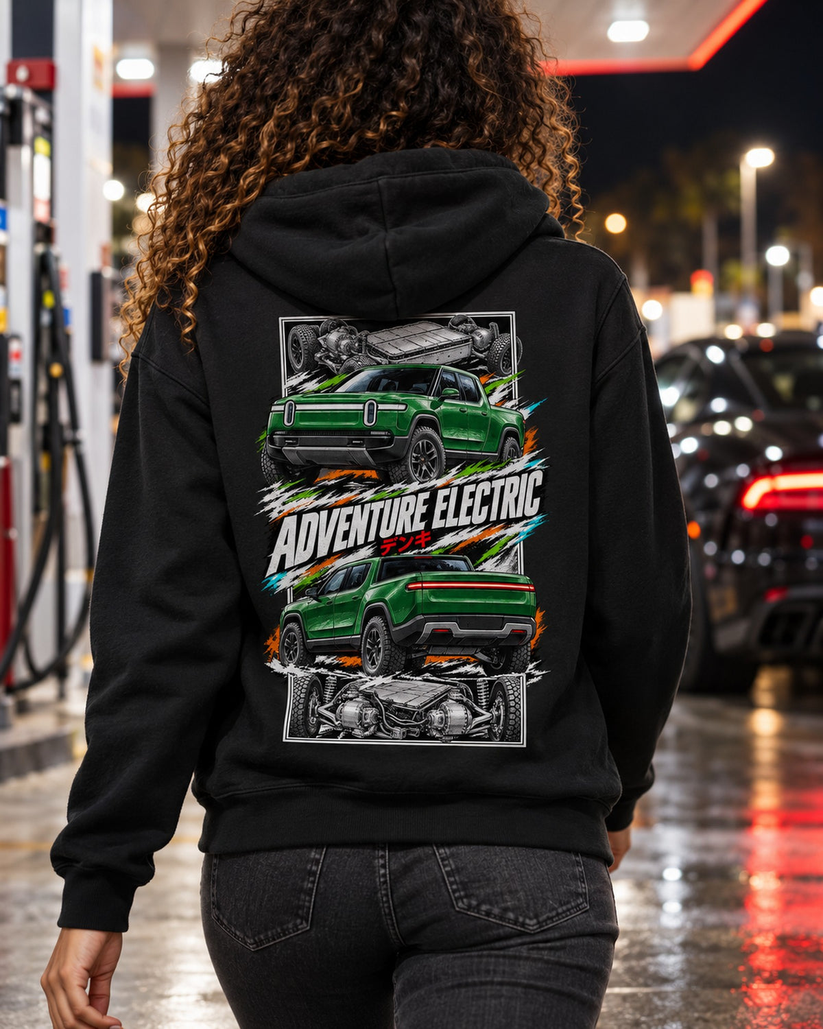 Rivian R1T Torn Poster Full-Back Graphic Tee Zip Hoodie Black worn hero