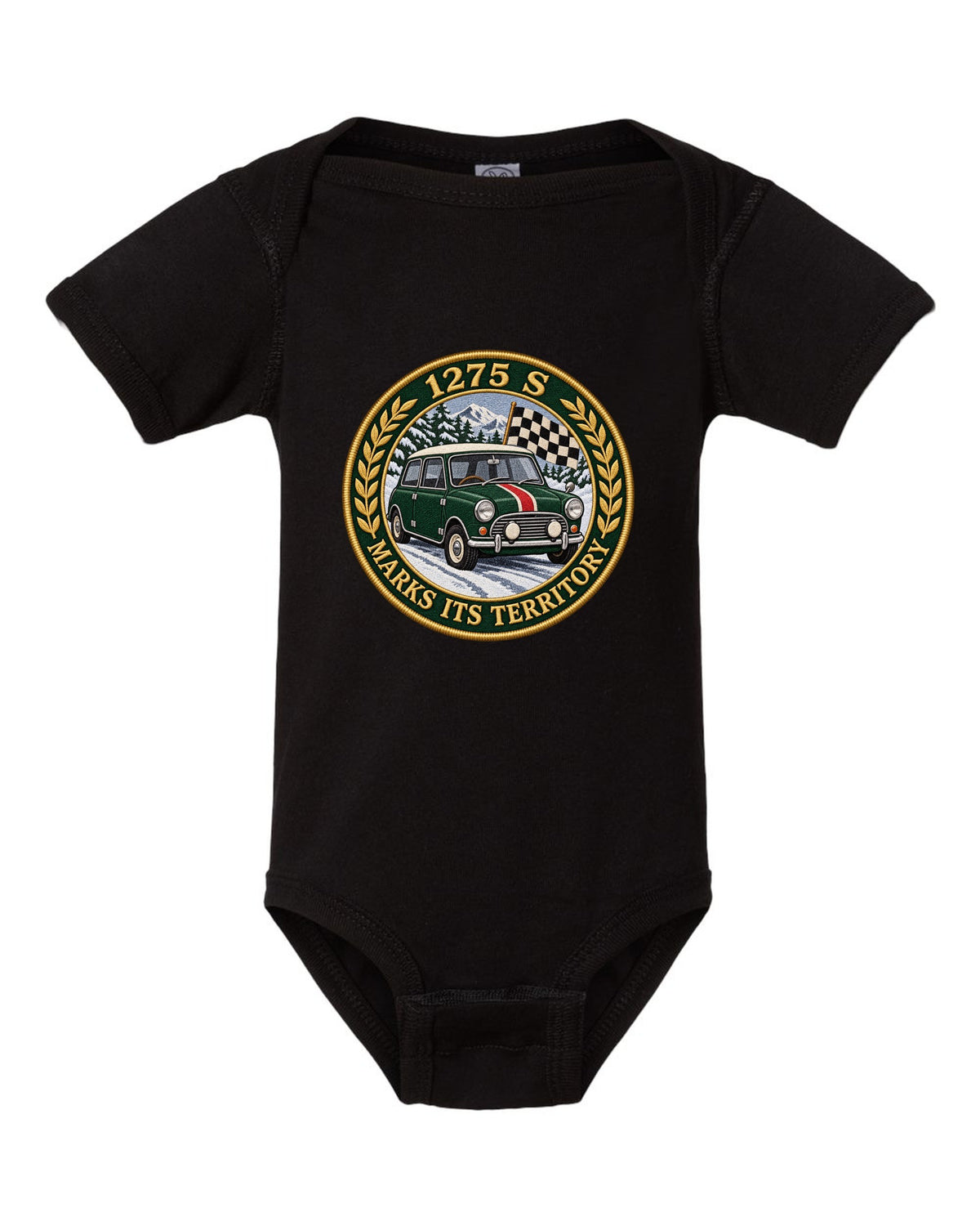 Embroidery style varsity crest for a Mini Cooper S Mk1 with 1275 S marks its territory black baby onesie front view with the design