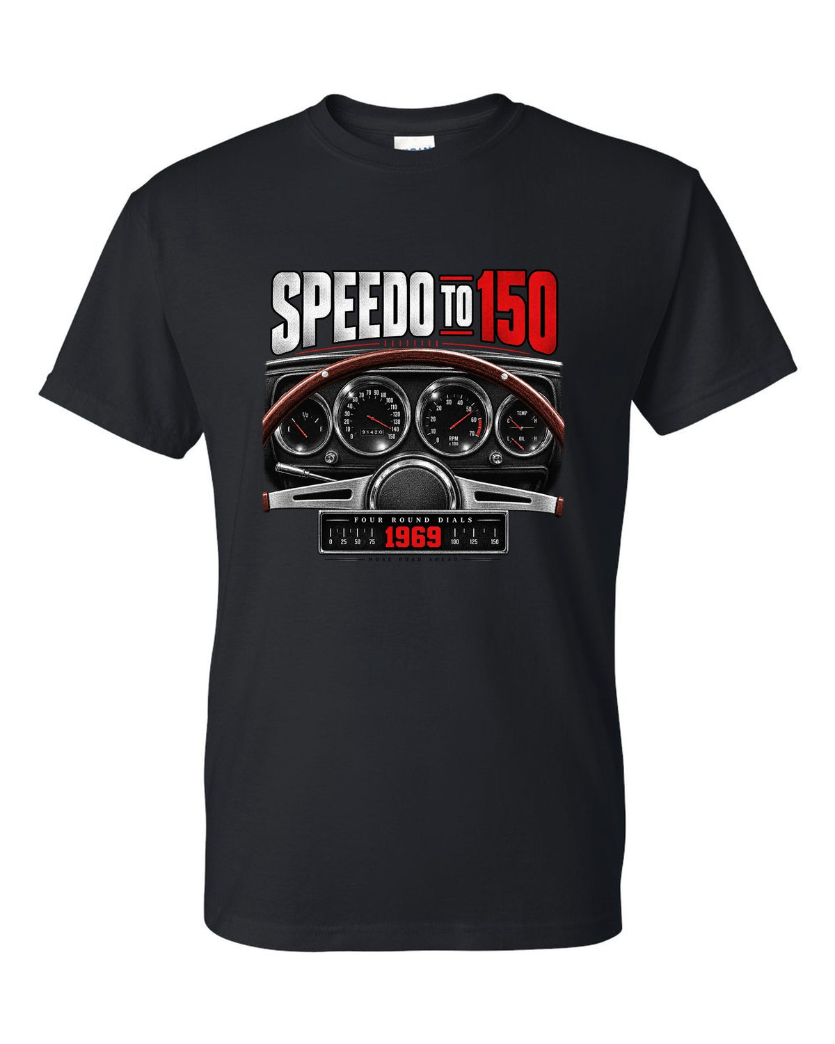 Cockpit gauge print of a 1969 Dodge Charger R/T with four round dials and a 150 speedometer black t-shirt front view with the design