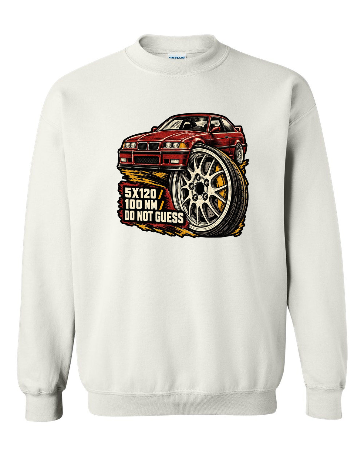 Linocut woodcut lug nut design for a BMW E36 M3 coupe with 5x120 and 100 Nm text white crewneck front view with the design