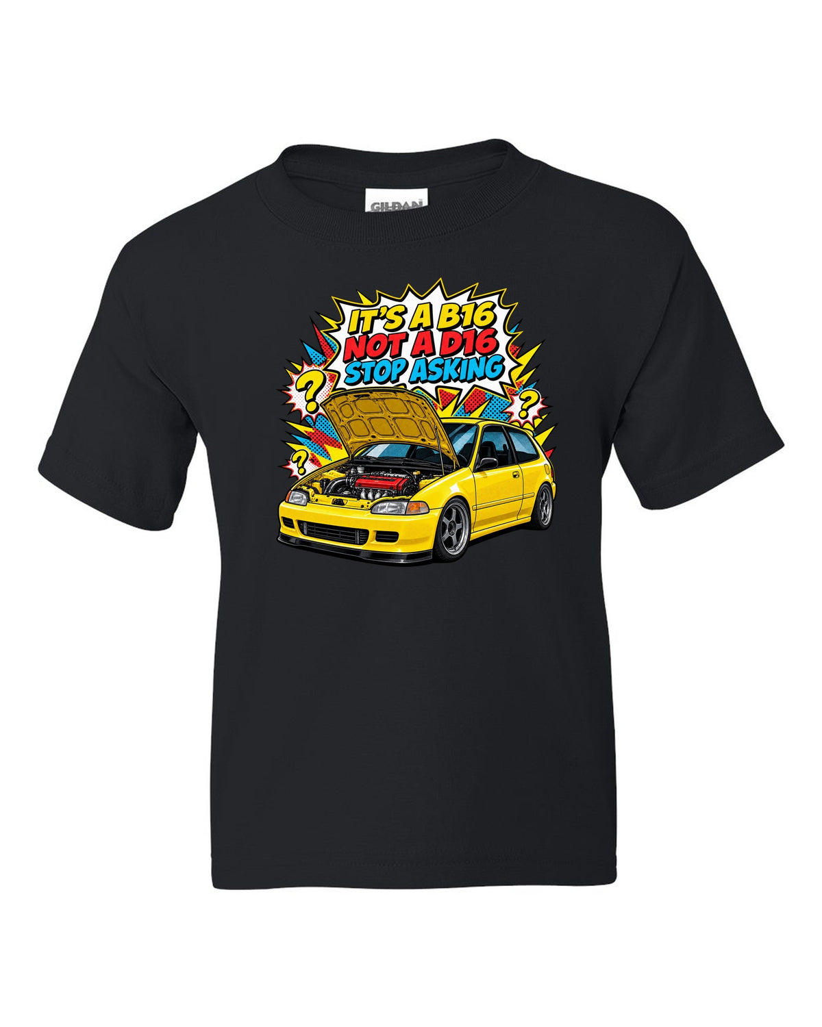 Comic action burst print of a 1992 Honda Civic EG6 ch with it's a B16 not a D16 text black kids tee front view with the design