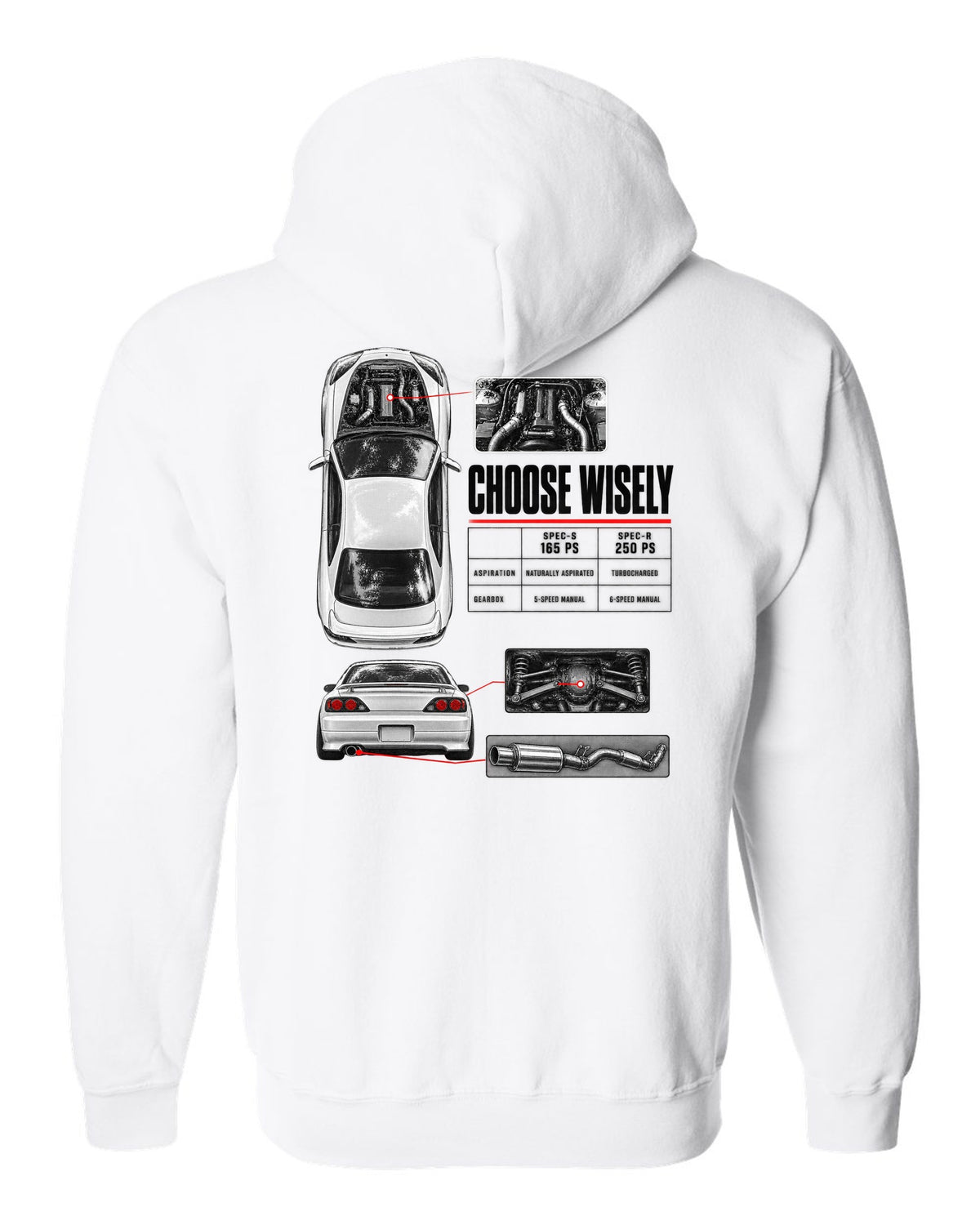 Spec poster of a Nissan Silvia S15 comparing Spec-S 165 PS and Spec-R 250 PS with Choose Wisely lettering white zip hoodie back view with the design