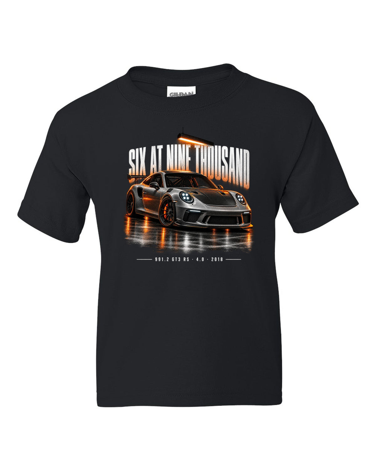 Garage night poster print of a 2018 Porsche 911 GT3 RS 991.2 black kids tee front view with the design