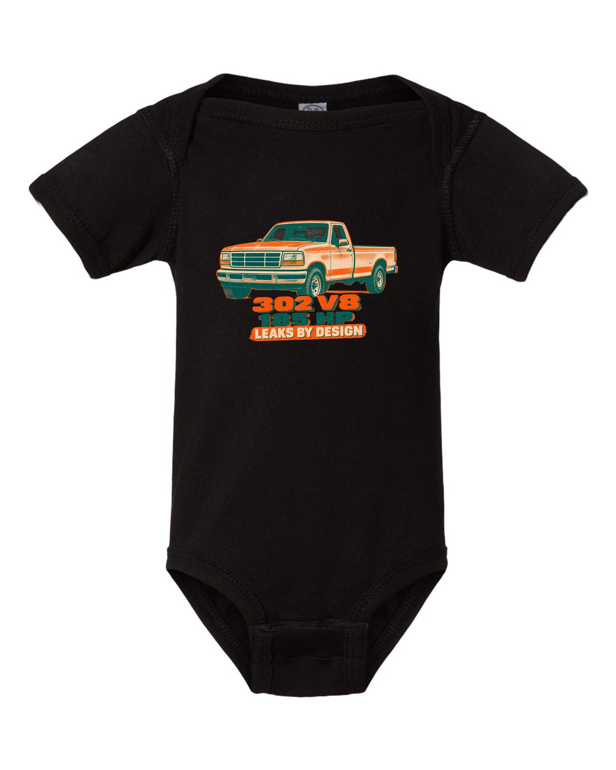 Risograph-style art of a 1992-97 Ford F-150 OBS tailgate in mud with 302 V8 185 HP lettering black baby onesie front view with the design