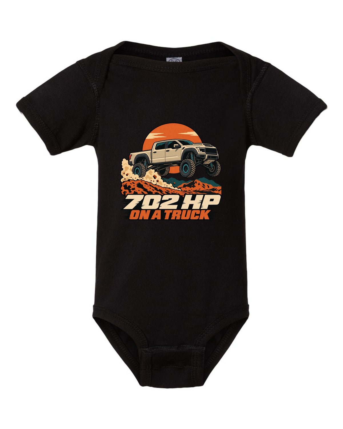 Vector poster print of a Ram 1500 TRX jumping a dune with the text 702 HP black baby onesie front view with the design