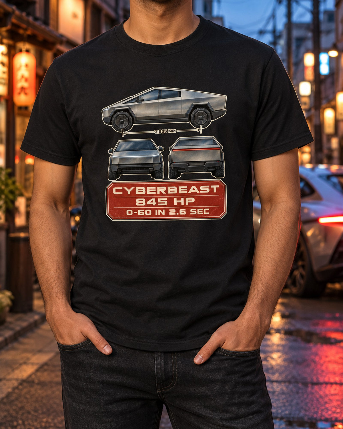 Tesla Cyberbeast Three-View Spec Shirt, Tri-Motor Truck Tee T-Shirt Black worn hero