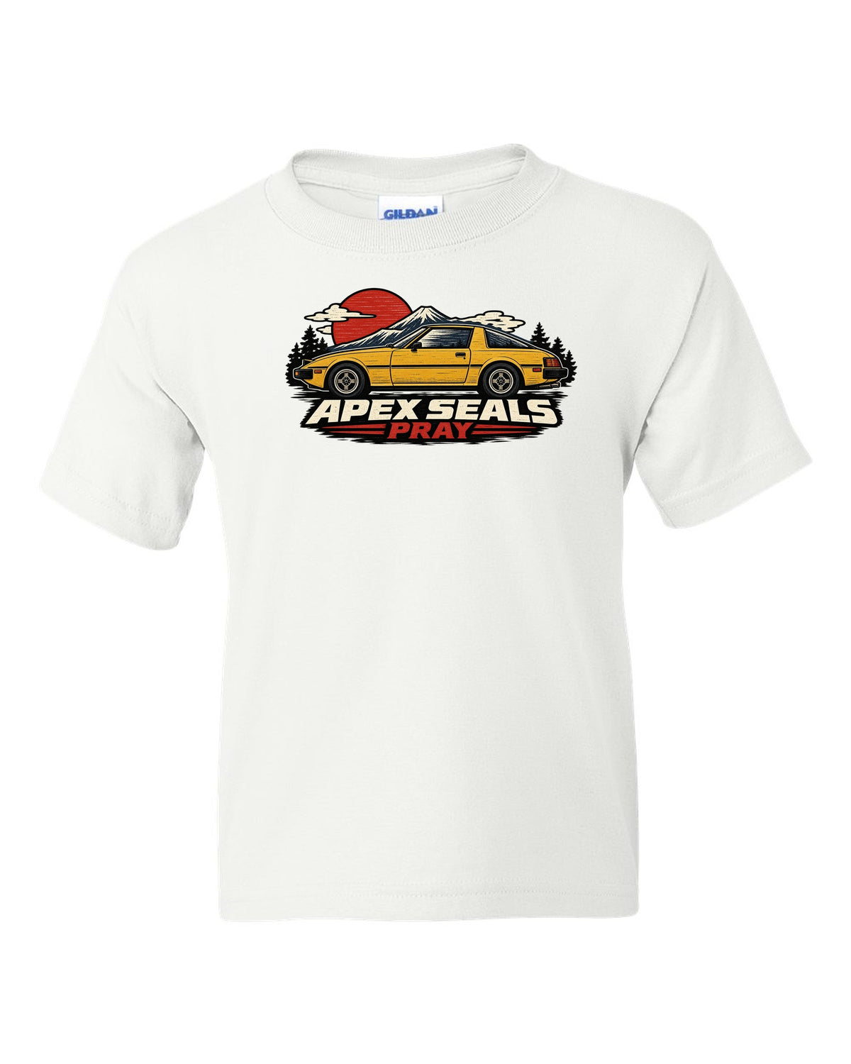 Mazda RX-7 SA22C Linocut Side Profile white kids tee front view with the design
