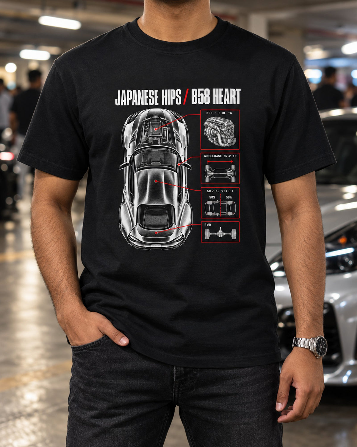 Toyota GR Supra A90 Spec Poster Shirt, B58 Heart T-Shirt Black worn hero