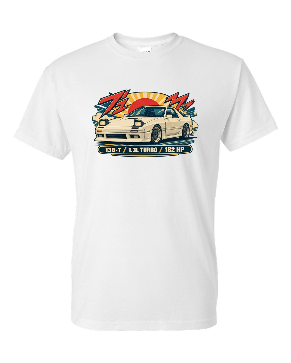Risograph style overhead print of a Mazda MX-5 ND with the text ND 50:50 white t-shirt front view with the design