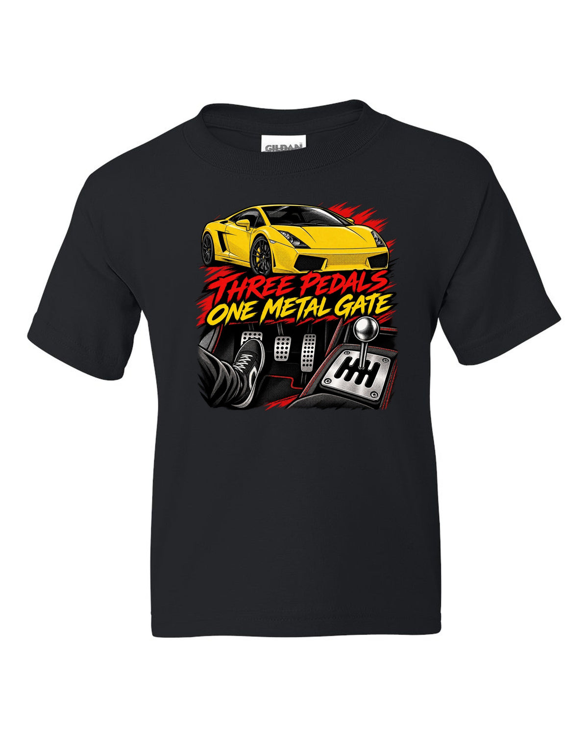 Retro black-ink manga panel of a Lamborghini Gallardo coupe with a gated six-speed manual shifter black kids tee front view with the design