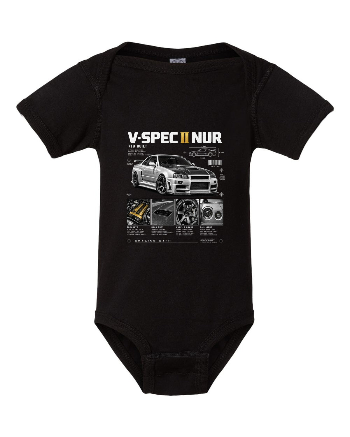 Dossier panels of a Nissan Skyline GT-R R34 V-Spec II Nur with 718 built and gold cam covers lettering black baby onesie front view with the design