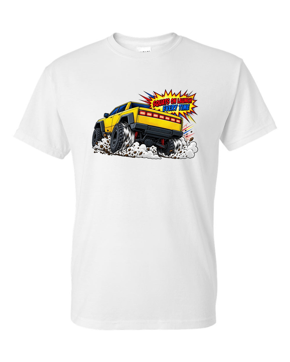 GMC Hummer EV comic halftone print with the words Squats On Launch Every Time white t-shirt front view with the design