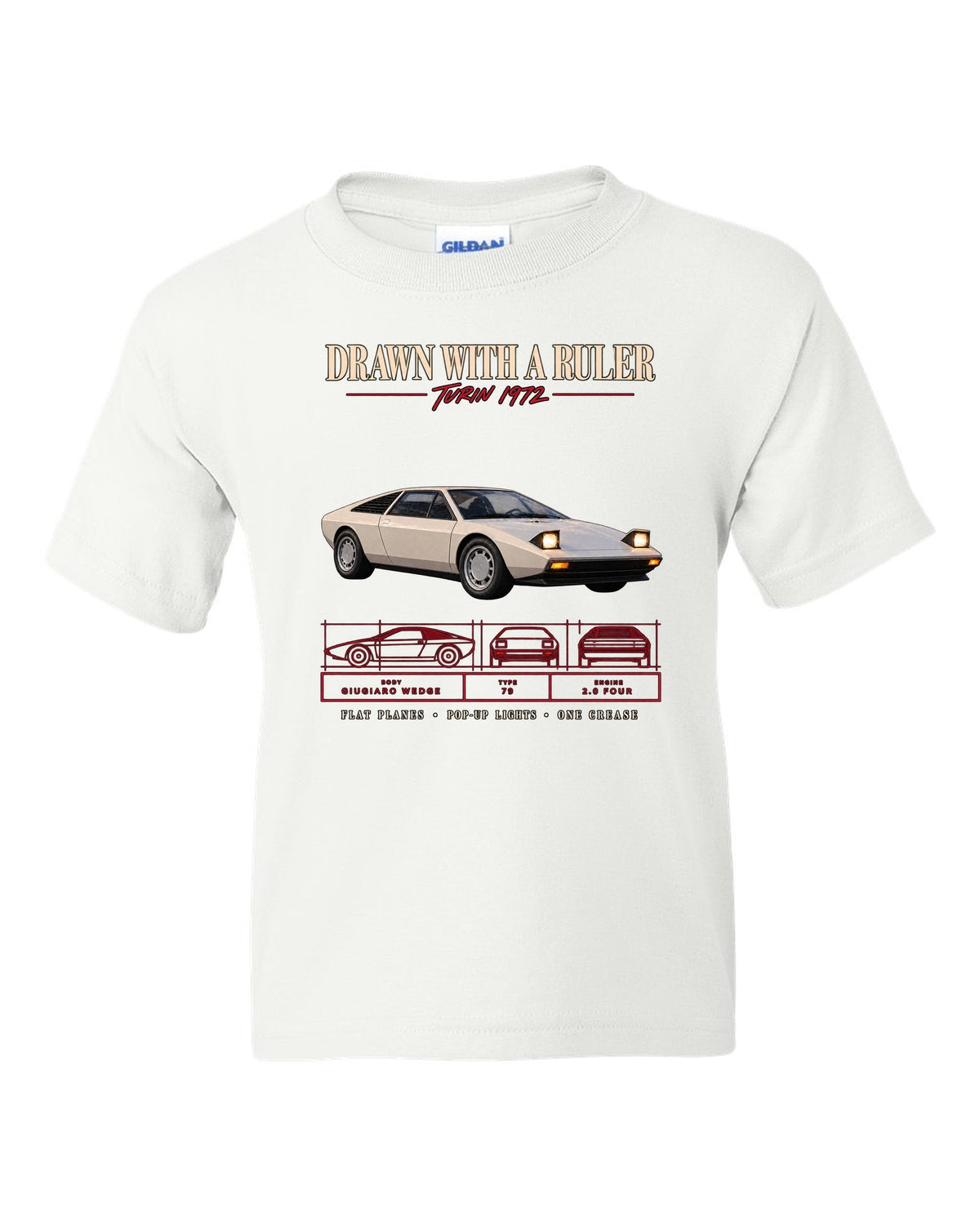 Archive panel print of a 1976 Lotus Esprit S1 Type 79 with Giugiaro wedge text white kids tee front view with the design