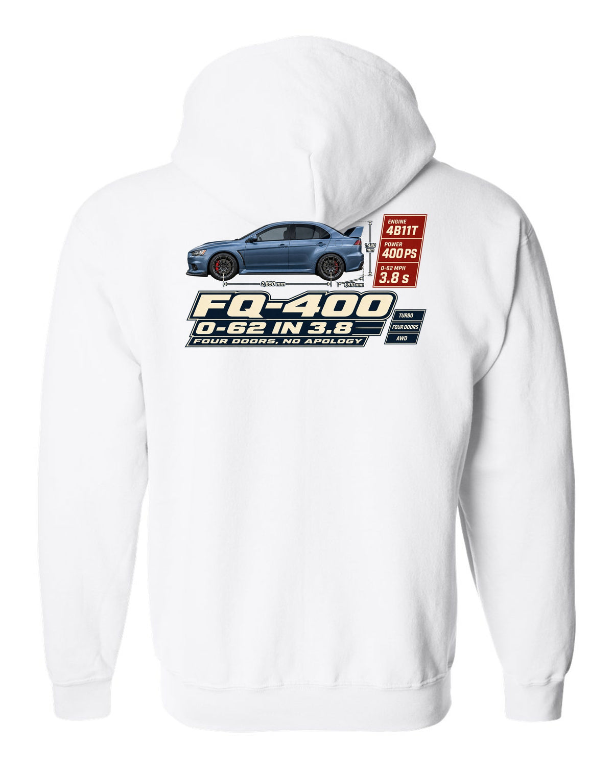 Evo X FQ-400 Spec Poster Tee, 0-62 in 3.8, Four Doors white zip hoodie back view with the design
