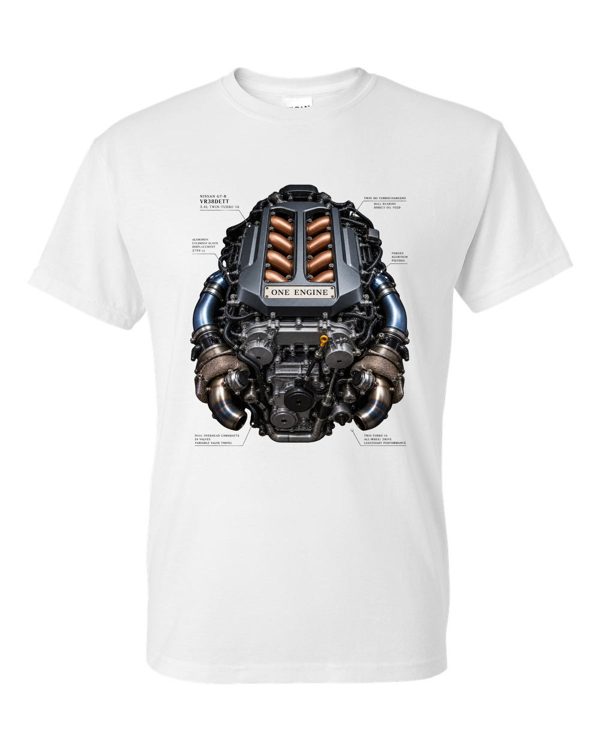 Nissan GT-R VR38DETT twin-turbo V6 engine bay illustration, print design white t-shirt front view with the design
