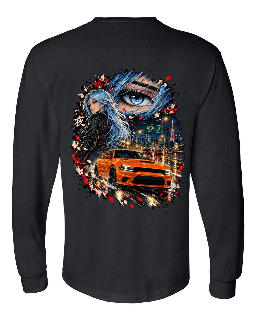 Dodge Charger Hellcat Anime Girl Long Sleeve Black back