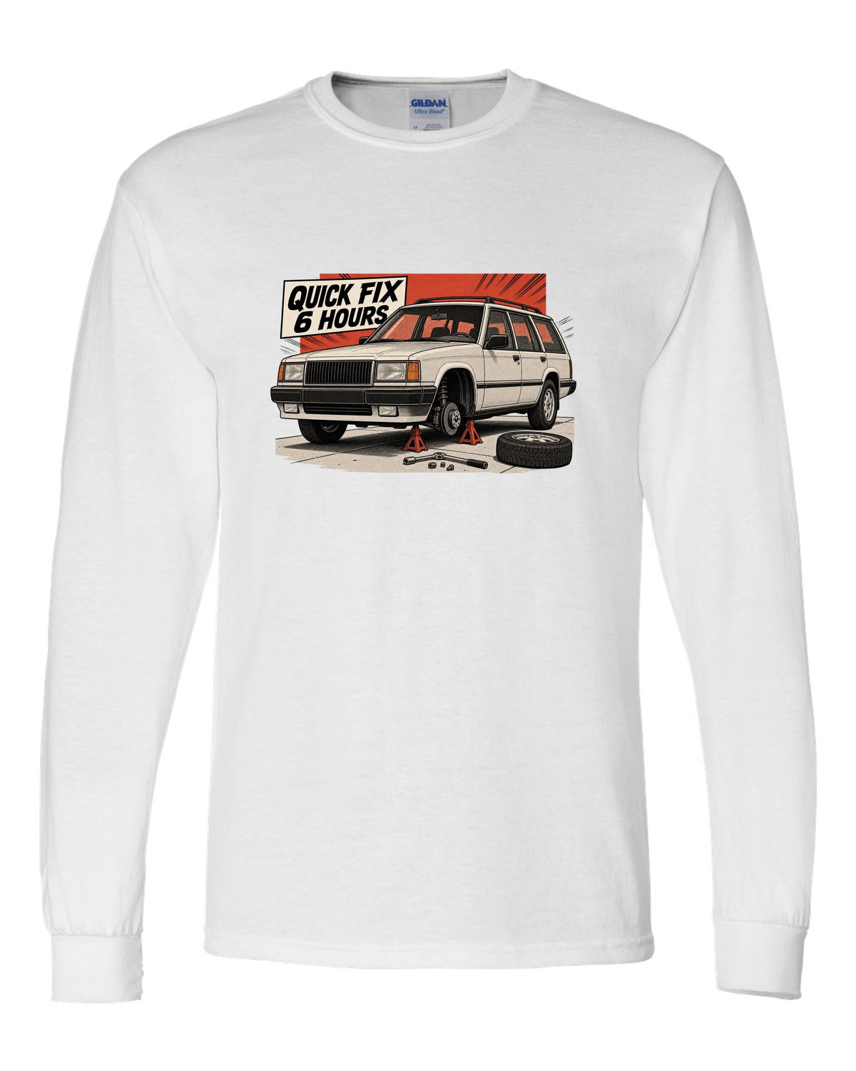 Retro manga halftone panel of a Jeep Cherokee XJ on jack stands with Quick Fix 6 Hours text white long sleeve front view with the design