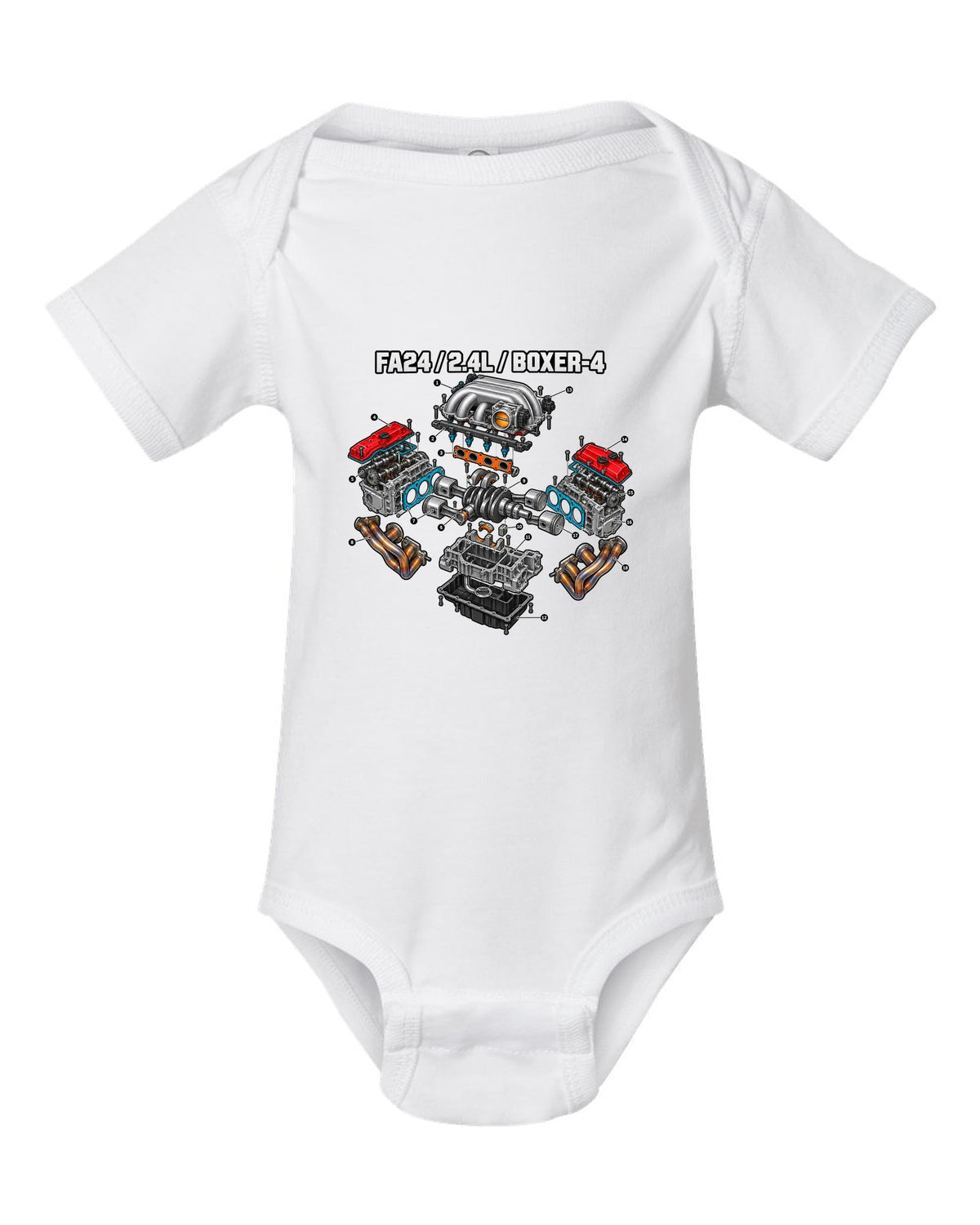 Cutaway exploded diagram of the FA24 2.4L boxer-four engine for a Toyota GR86 ZN8 white baby onesie front view with the design