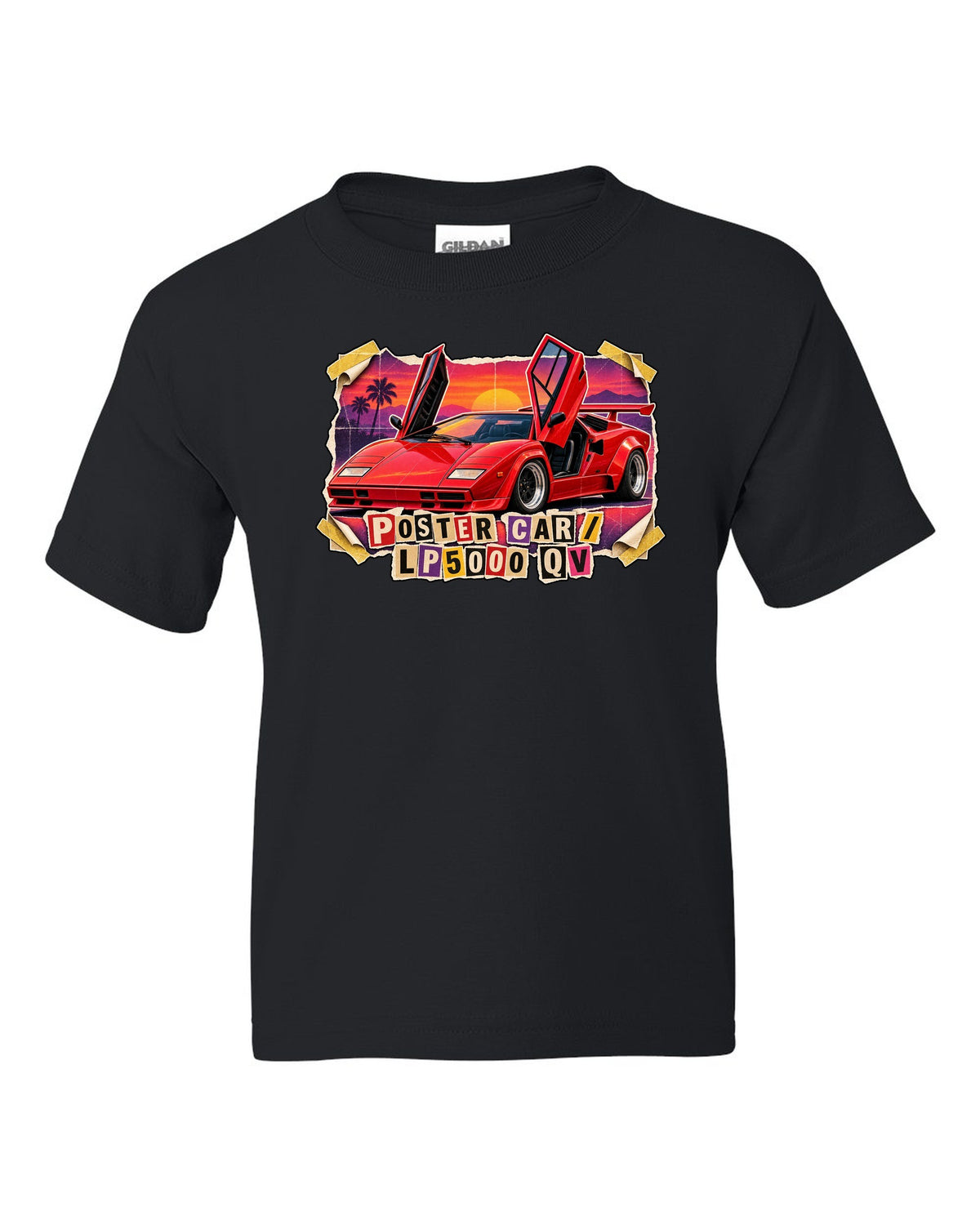 Magazine-cutout collage of a Lamborghini Countach LP5000 QV styled as a pull-out poster car black kids tee front view with the design