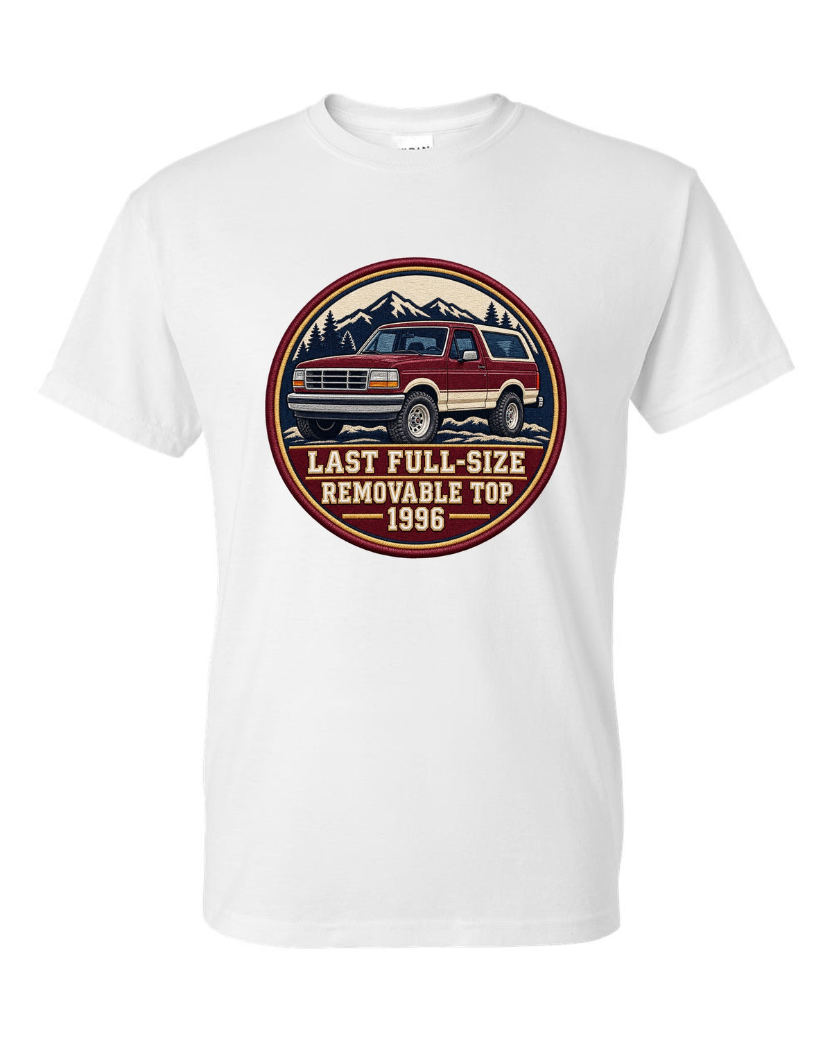 Round varsity crest print for a 1992-96 Ford Bronco OBS with removable top text white t-shirt front view with the design