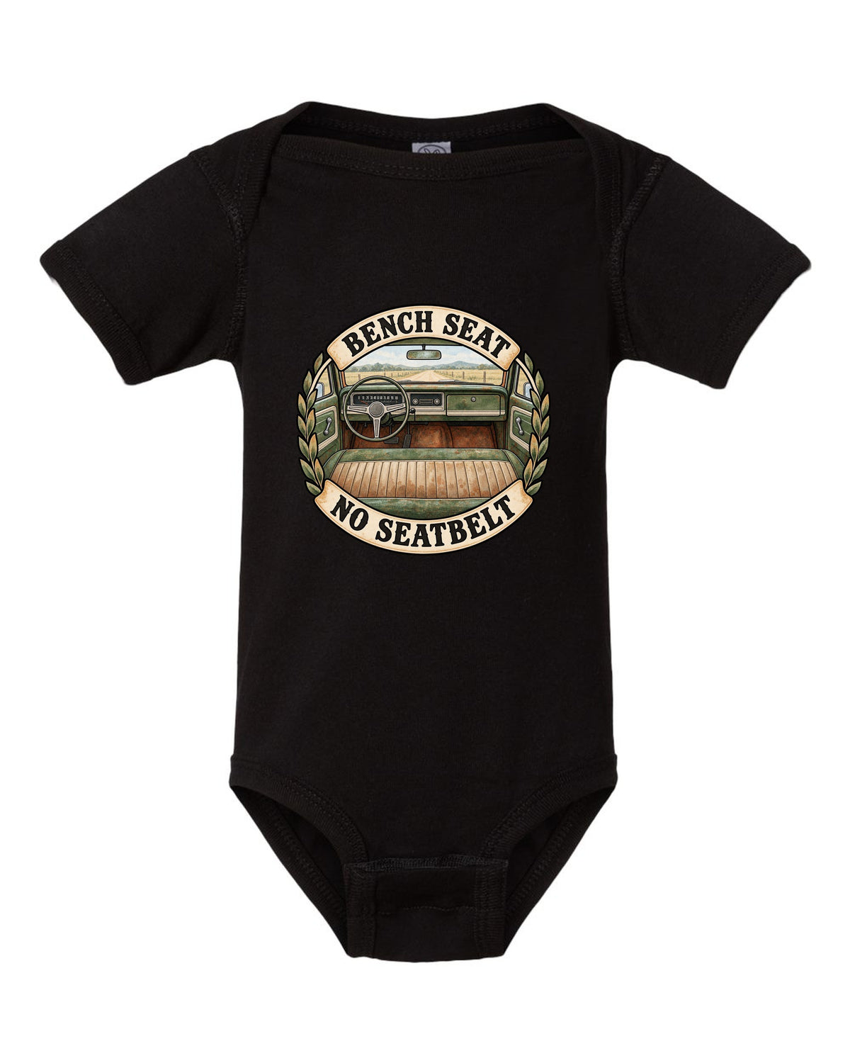 Watercolor print of the dash and bench seat in a 1967-72 Chevrolet C10 Action Line Fleetside Cheyenne black baby onesie front view with the design