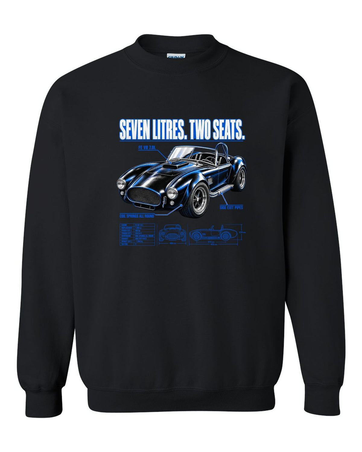Top-down spec poster print of a 1965-1967 Shelby-style 427 roadster black crewneck front view with the design