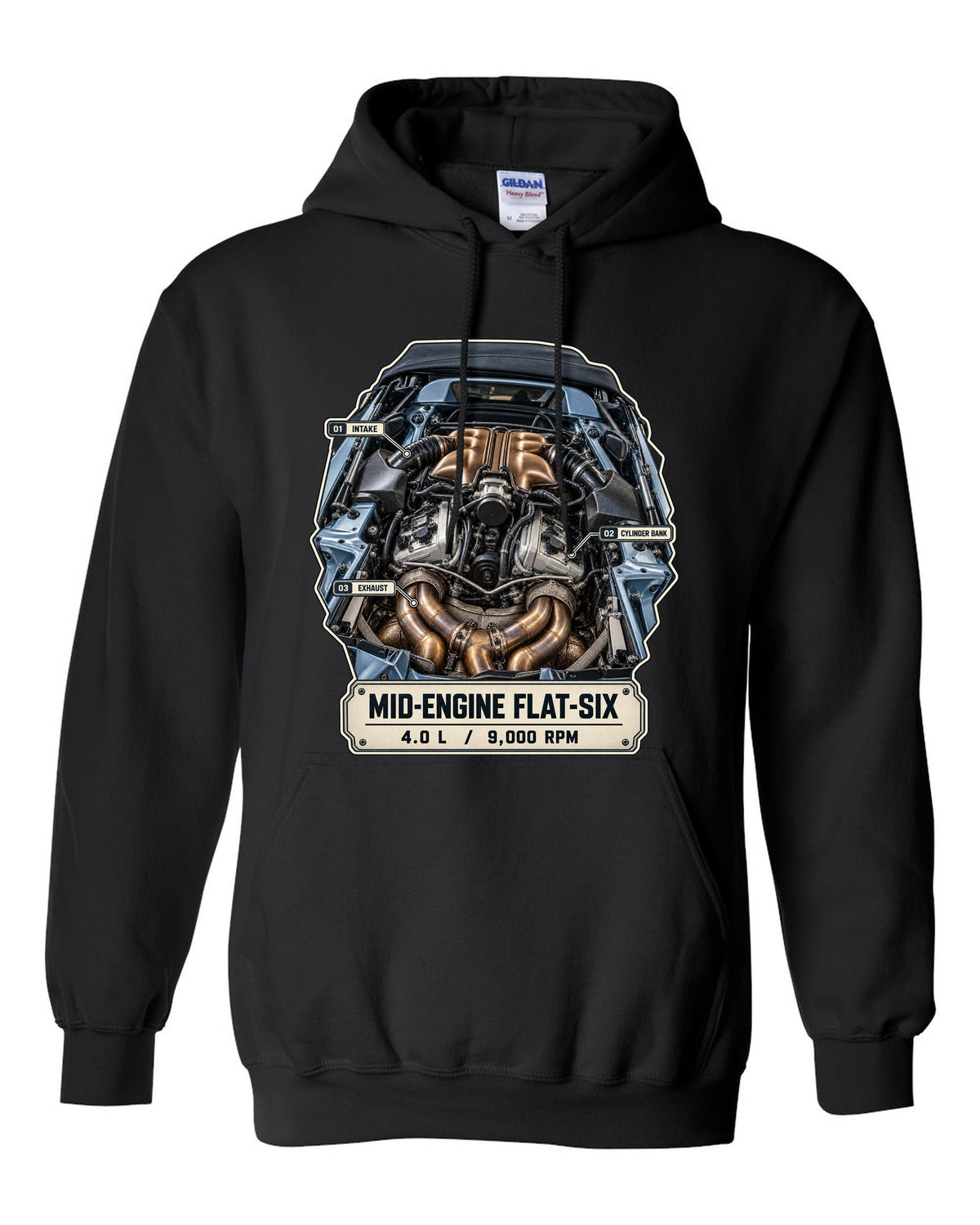 Engine hero print of a Porsche 718 Spyder RS 982 showing the mid-engine 4.0 L flat-six black pull over hoodie front view with the design