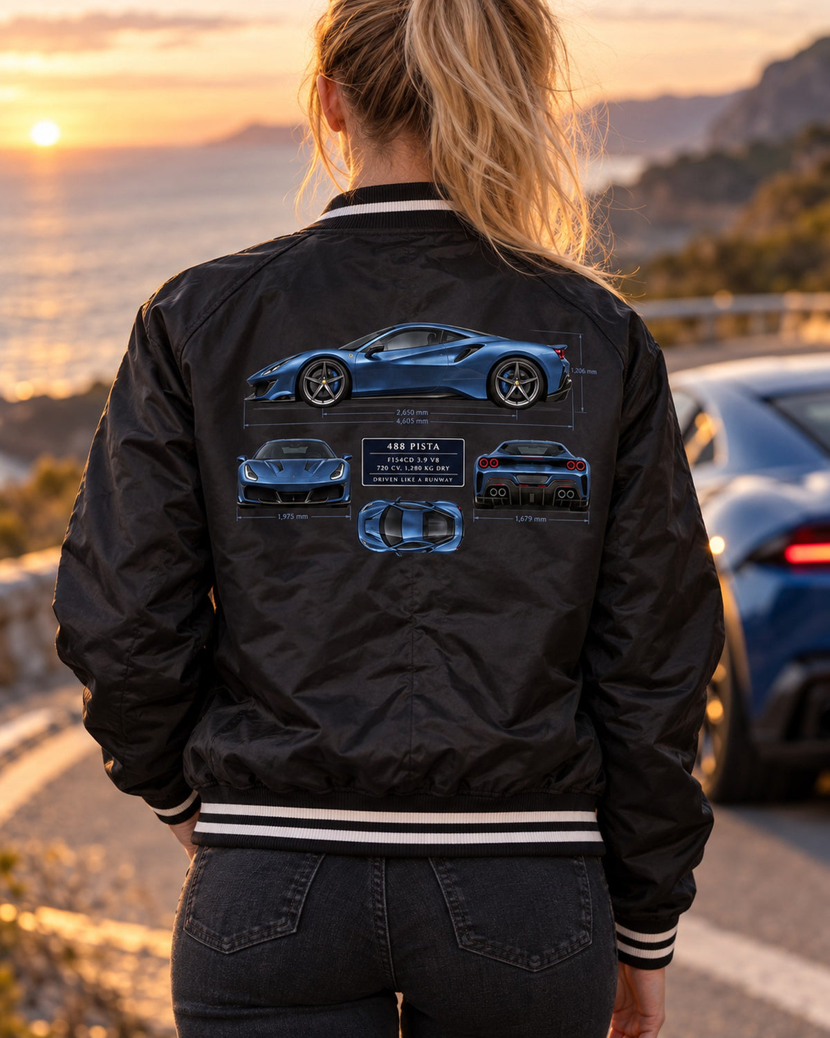 Ferrari 488 Pista Blueprint Shirt, F154CD V8 print Bomber Jacket Black worn hero