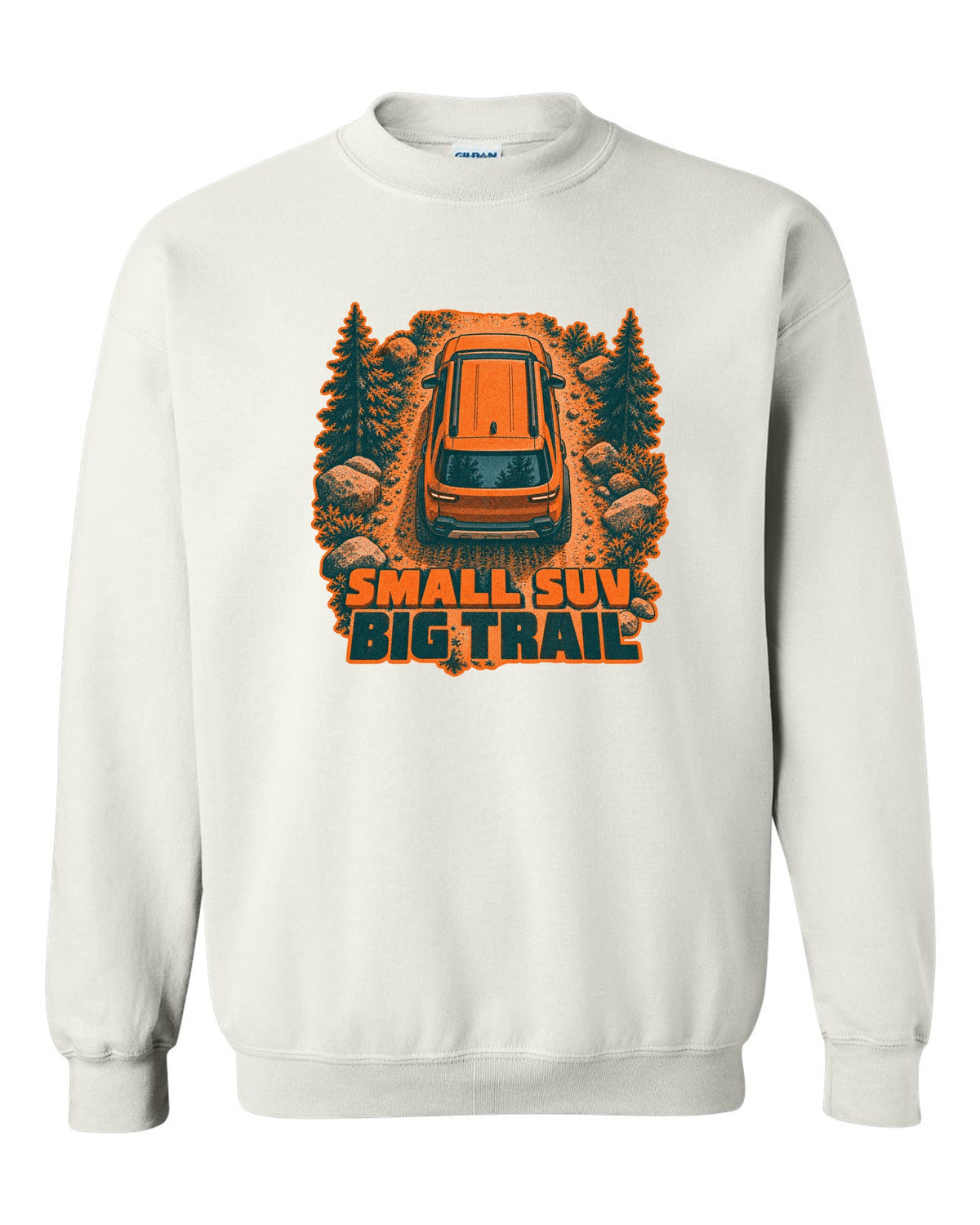 Rivian R2 overhead risograph duotone print with the text small SUV big trail white crewneck front view with the design