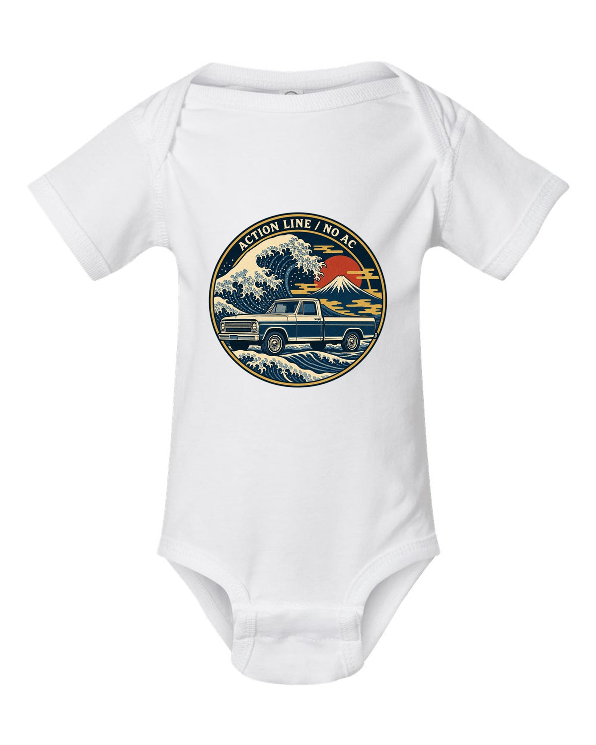 Ukiyo-e woodblock wave print of a 1967-72 Chevrolet C10 Action Line Fleetside with Action Line no AC lettering white baby onesie front view with the design